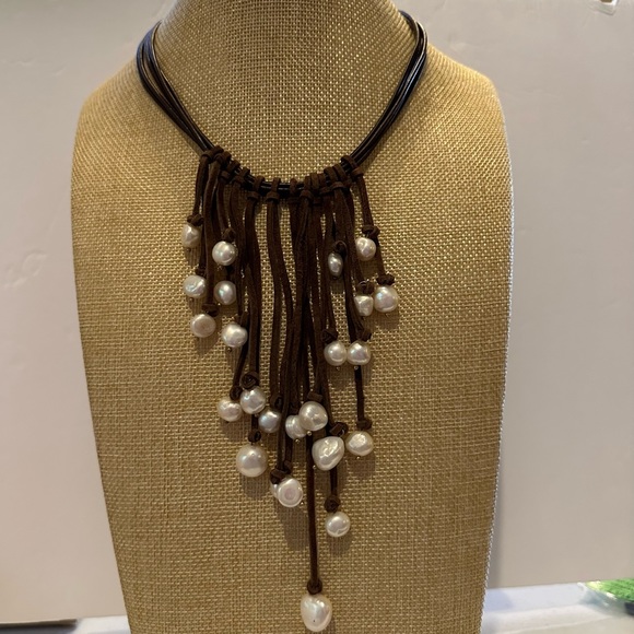 NWT Chico’s Boho Necklace “Brown Pearl Prairie Sunset” Leather w/ fringe tassel - Picture 1 of 13